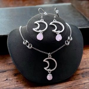 Set ! Moon & rose quartz gemstones beads necklace + matching earrings boho